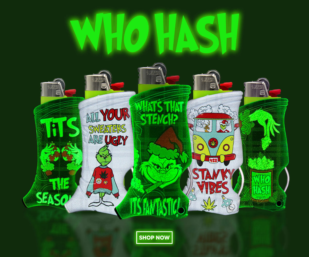 An image of 5 lighter cases, Bic Toker Poker, with large text reading Who Hash